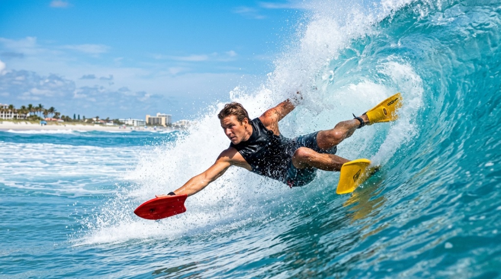 Surfer riding a Florida wave with a red handplane.