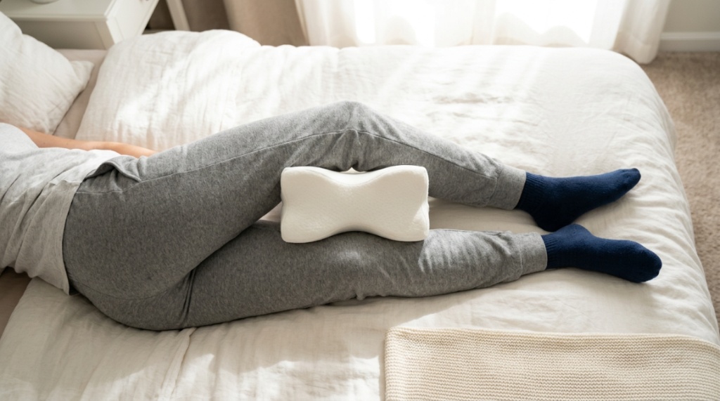 Side profile illustration or photo showing spinal alignment with a knee pillow on a mattress.
