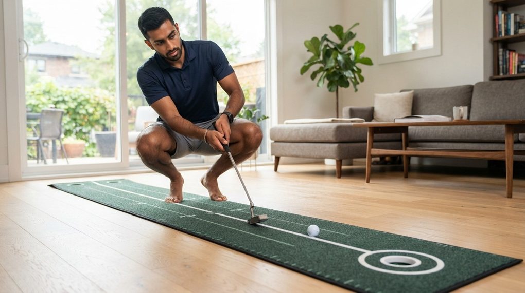 Golfer practicing a putting stroke on an indoor putting mat at home.