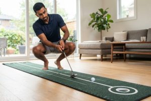 Golfer practicing a putting stroke on an indoor putting mat at home.