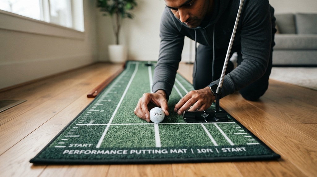 Close-up of a golfer aligning a golf ball on an indoor mat.