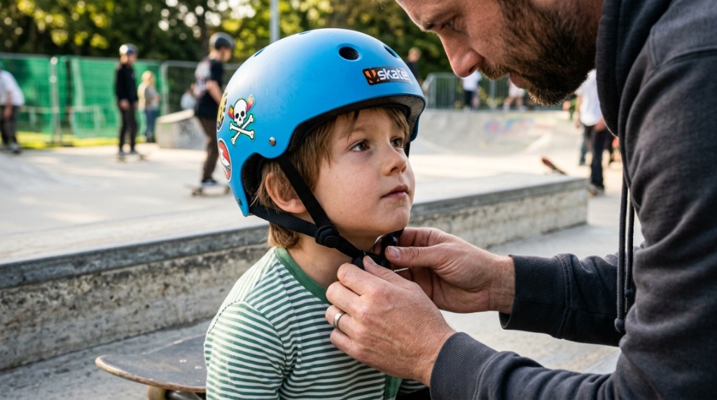 Parent adjusting the strap on a child's safety helmet.