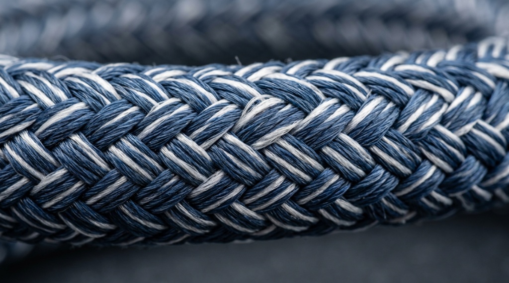 Close-up of heavy-duty braided nylon anchor line fibers.