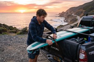 Person securing a surfboard onto a pickup truck tailgate pad at sunset.