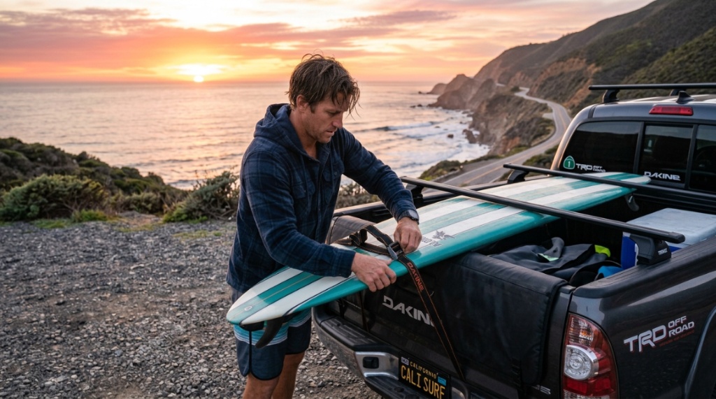 Person securing a surfboard onto a pickup truck tailgate pad at sunset.