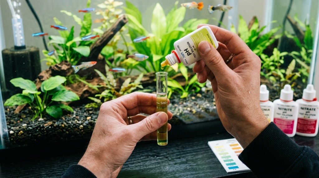 Digital water test kit next to a lush freshwater aquarium in Florida.