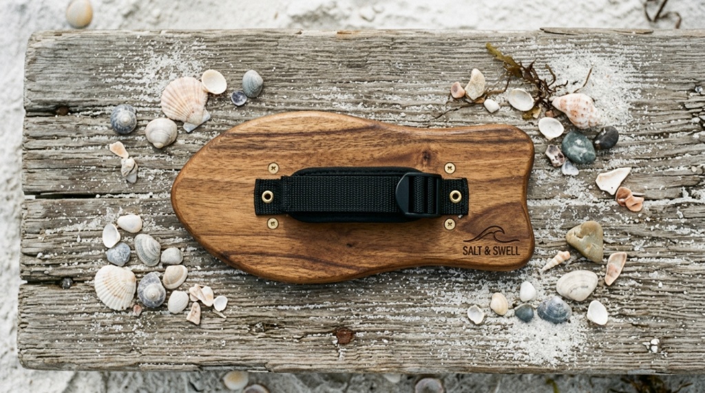 Wooden bodysurfing handplane with hand strap on sand.