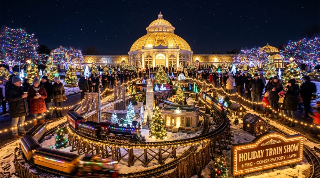 Festive nighttime view of the Holiday Train Show at the New York Botanical Garden, with glowing lights and G-scale trains on the Conservatory Lawn