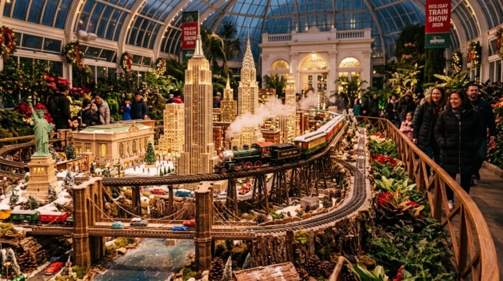 Model trains traveling past miniature New York City landmarks inside the Enid A. Haupt Conservatory at NYBG during the Holiday Train Show 2026