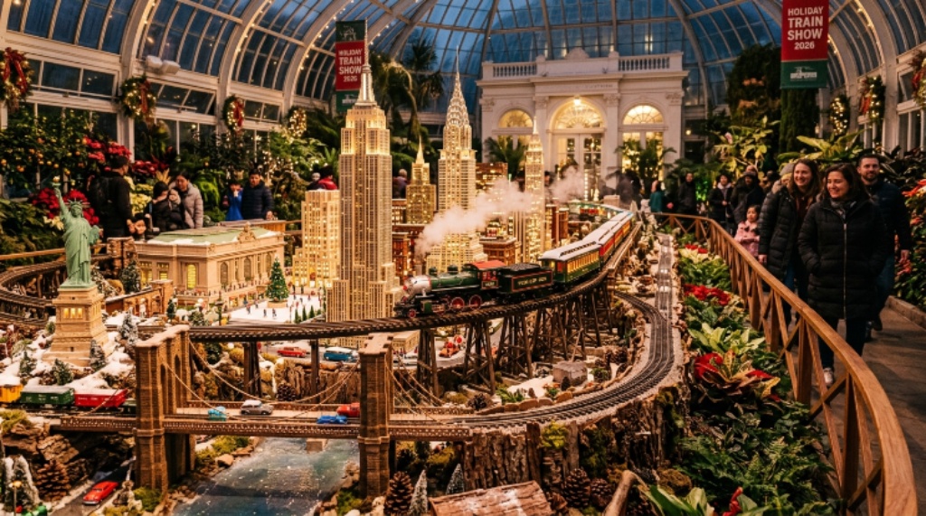 Model trains traveling past miniature New York City landmarks inside the Enid A. Haupt Conservatory at NYBG during the Holiday Train Show 2026