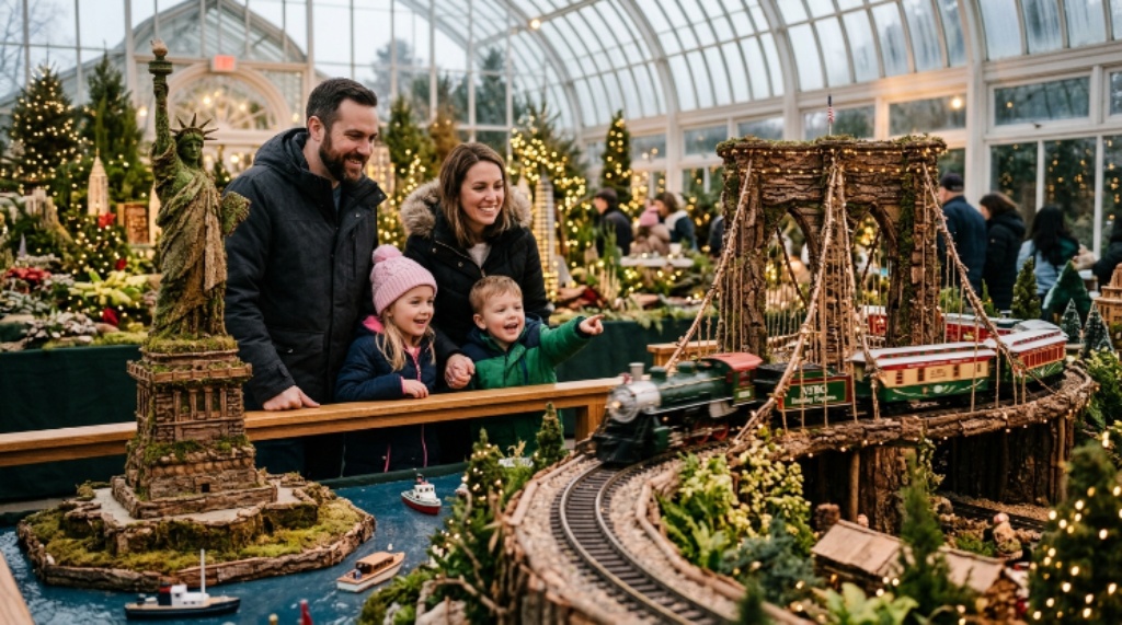 Family watching model trains pass botanical replicas of the Brooklyn Bridge and Statue of Liberty at the NYBG Holiday Train Show