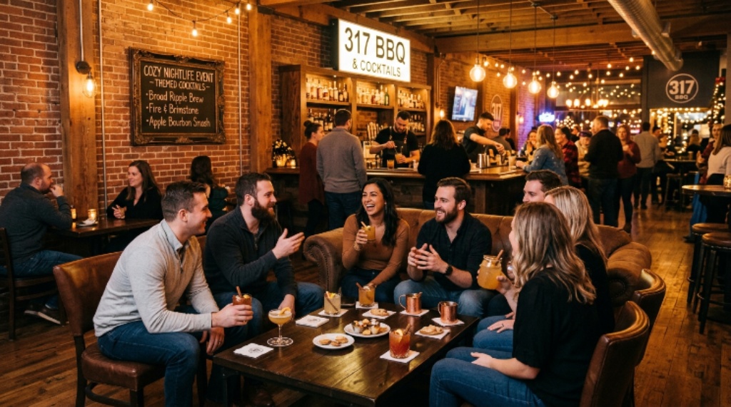 Cozy nightlife event at 317 BBQ Broad Ripple with themed cocktails and social lounge setup