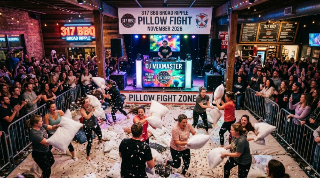 Indoor pillow fight arena with DJ and crowd at 317 BBQ Broad Ripple November 2026 event
