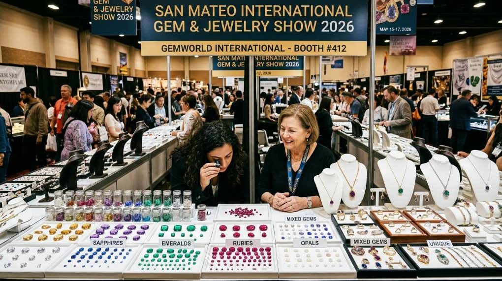 Colorful loose gemstones and jewelry on display at the San Mateo International Gem and Jewelry Show 2026