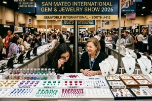 Colorful loose gemstones and jewelry on display at the San Mateo International Gem and Jewelry Show 2026