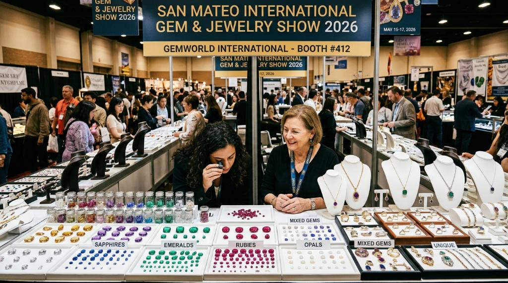 Colorful loose gemstones and jewelry on display at the San Mateo International Gem and Jewelry Show 2026