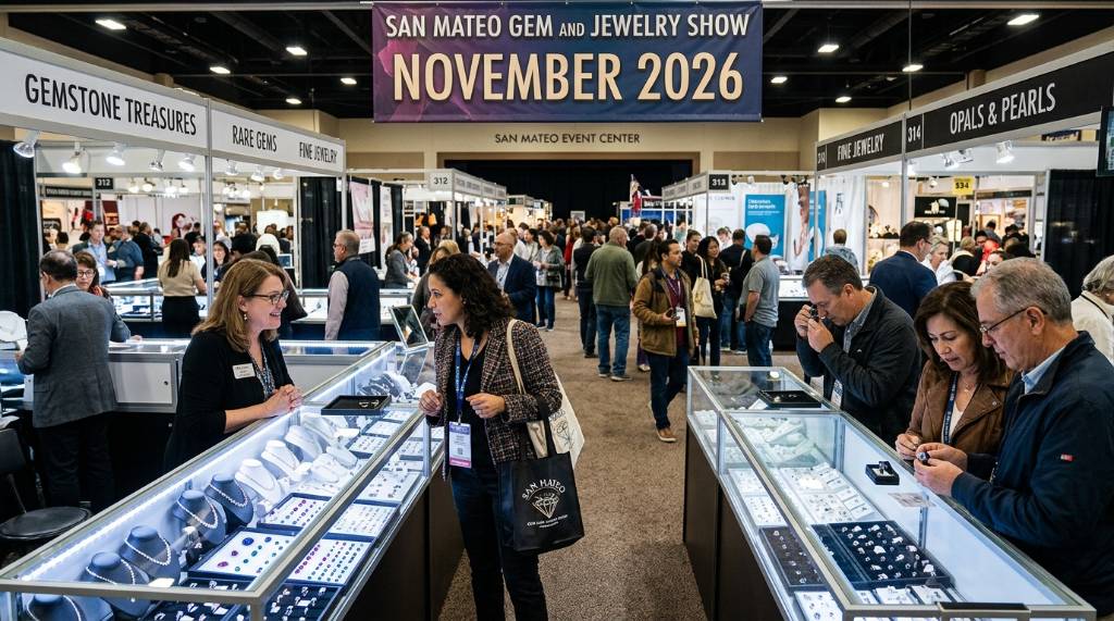 Visitors browsing fine jewelry and rare gemstones at the San Mateo Gem and Jewelry Show November 2026