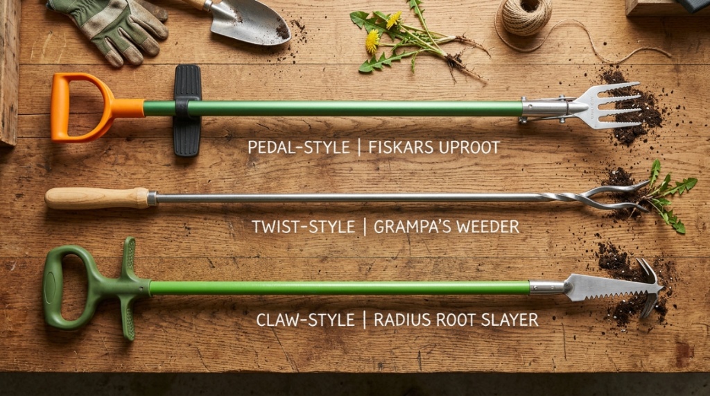 Three different stand-up weeders laid on a workbench.