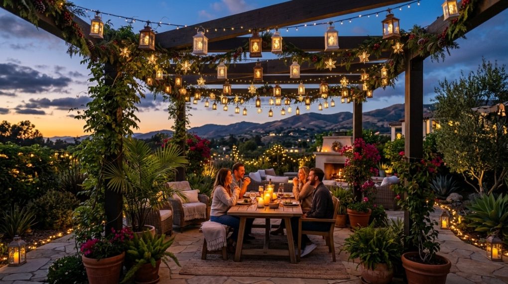 Glowing solar Christmas lanterns hanging on an outdoor patio pergola at dusk.