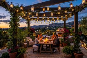 Glowing solar Christmas lanterns hanging on an outdoor patio pergola at dusk.