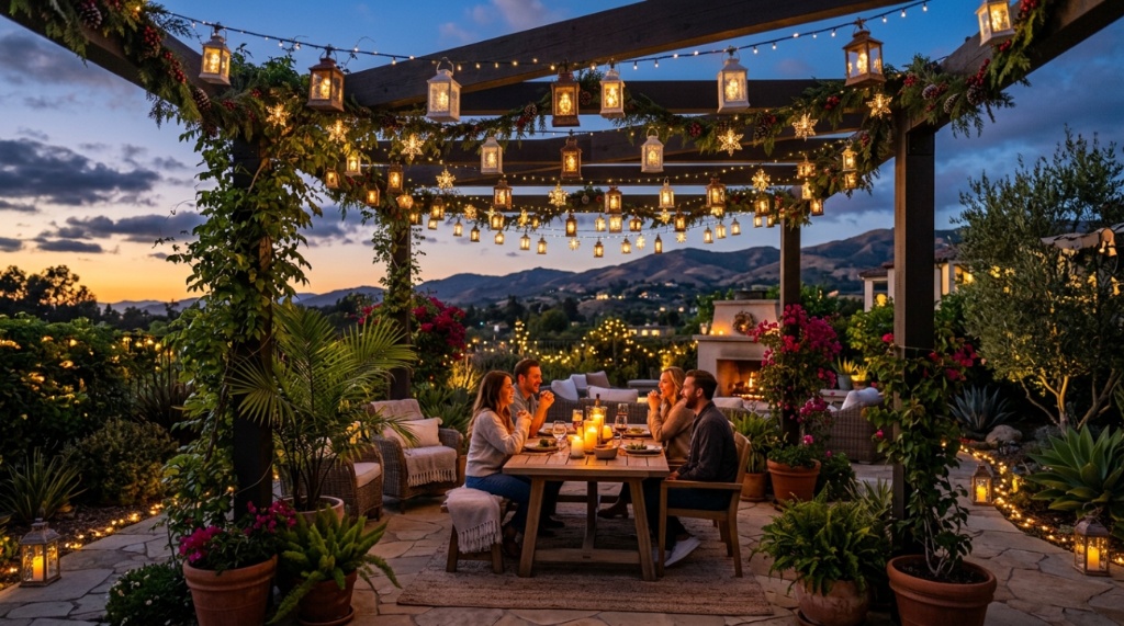 Glowing solar Christmas lanterns hanging on an outdoor patio pergola at dusk.