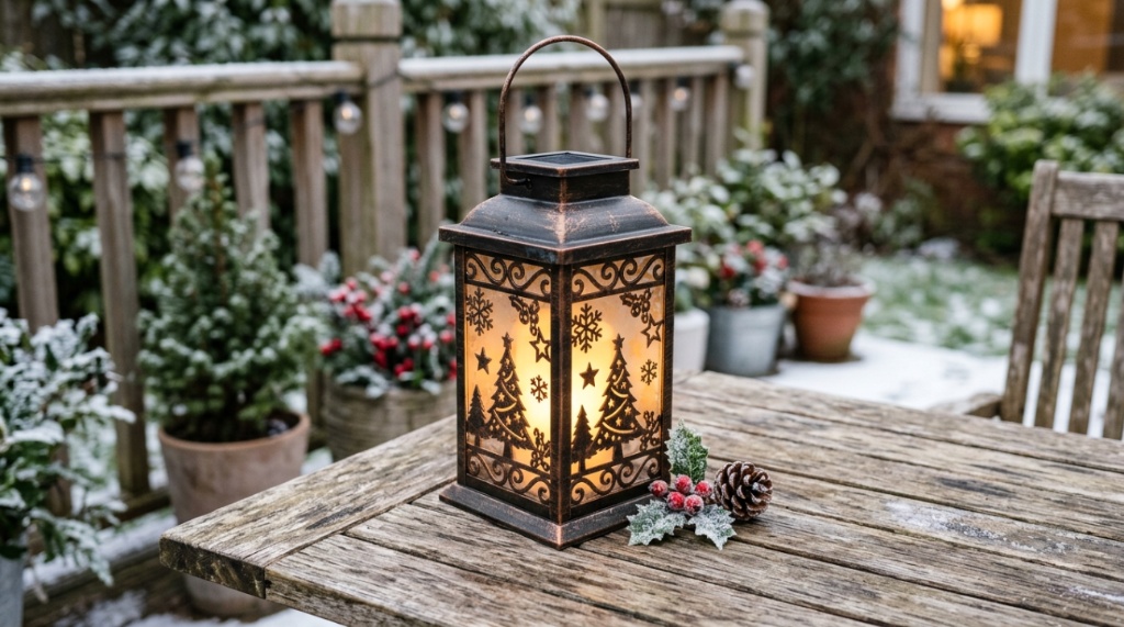 Close-up of a weather-resistant solar Christmas lantern resting on a wooden deck.