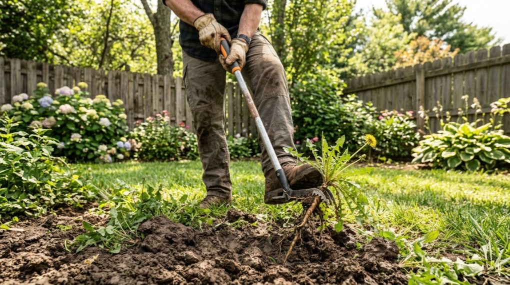 Gardener pulling weeds with a stand-up tool in clay soil.