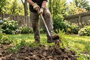 Gardener pulling weeds with a stand-up tool in clay soil.