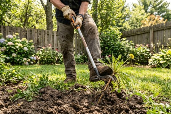 Gardener pulling weeds with a stand-up tool in clay soil.